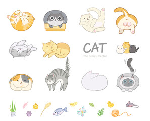 Hand-drawn set of cute, chubby, and playful cartoon cats in various poses—sleeping, playing, hissing. Bright and colorful, perfect for stickers, fabric patterns, decorative designs, and illustrations