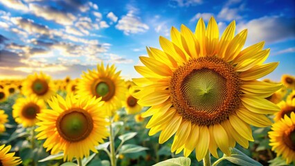 Fototapeta premium Close-up of vibrant yellow sunflowers soaking up the sun on a beautiful day, sunflowers, yellow, close-up, petals, flowers, nature