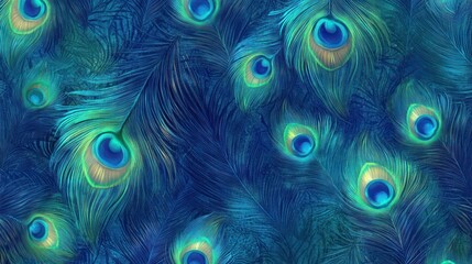 A vibrant pattern of peacock feathers showcasing intricate details and colors.