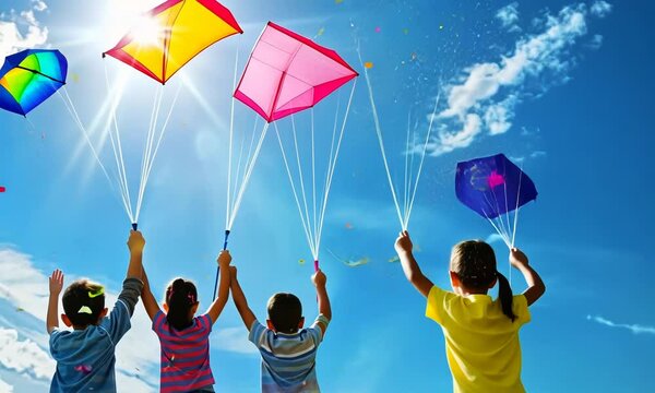 Three children are flying kites in the sky 4K Video