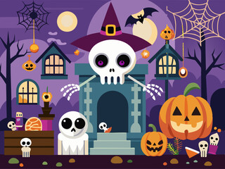 Horror silhouettes. Scary halloween decor skulls and skeletons, witch hats, black cats, crows and graveyard coffins. Spooky house vector 