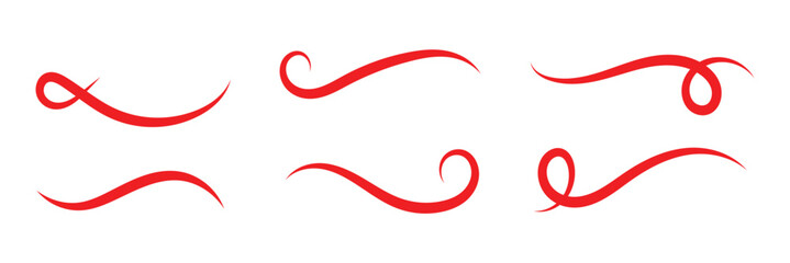 Swoosh and swash typography tails shape. Underline retro swoop wave line for athletic tshirt. Vector strockes set in red color in eps 10.