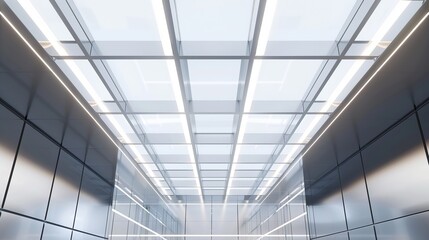 A sophisticated and modern ceiling design featuring a minimalist grid pattern, composed of sleek metal frames and frosted glass panels