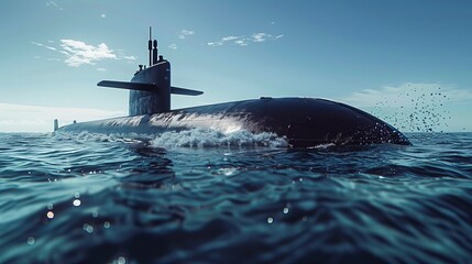 A nuclear submarine, a silent predator of the deep, breaches the ocean's surface, revealing its imposing form against the backdrop of crystal-clear waters
