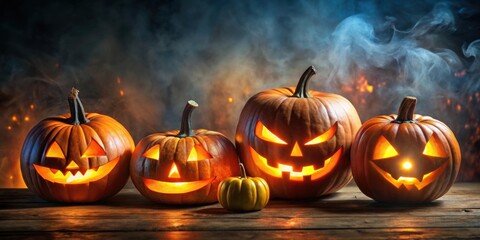Glowing Halloween pumpkins in a spooky dark setting, pumpkin, Halloween, jack-o-lantern, dark, night, spooky, scary, autumn