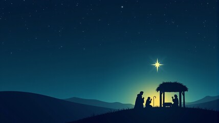 Christmas Nativity Scene. The Shepherds visiting baby Jesus Christ in the Manger, A peaceful scene with shepherds kneeling before the manger, with the Star of Bethlehem shining above.