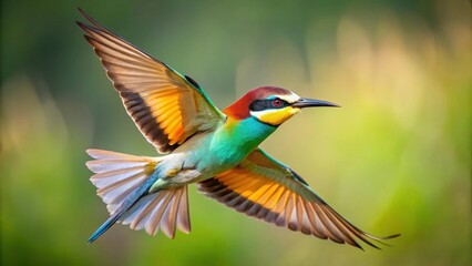 Obraz premium European bee eater bird gracefully flying with vibrant colors , Merops apiaster, bird, flying, European, bee eater, vibrant