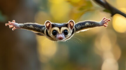 Fototapeta premium A flying sugar glider glides gracefully through a blurred natural background.