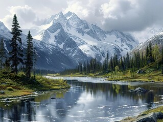 Majestic Mountain Lake with Snow-Capped Peaks and Evergreen Forest