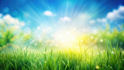 Fototapeta premium Sunny spring meadow with a blurred background of a blue sky transitioning to green grass, sunny, spring, meadow
