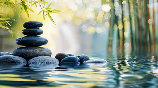 A stack of zen stones balanced in a serene water garden, surrounded by bamboo and gentle ripples, evoking tranquility.