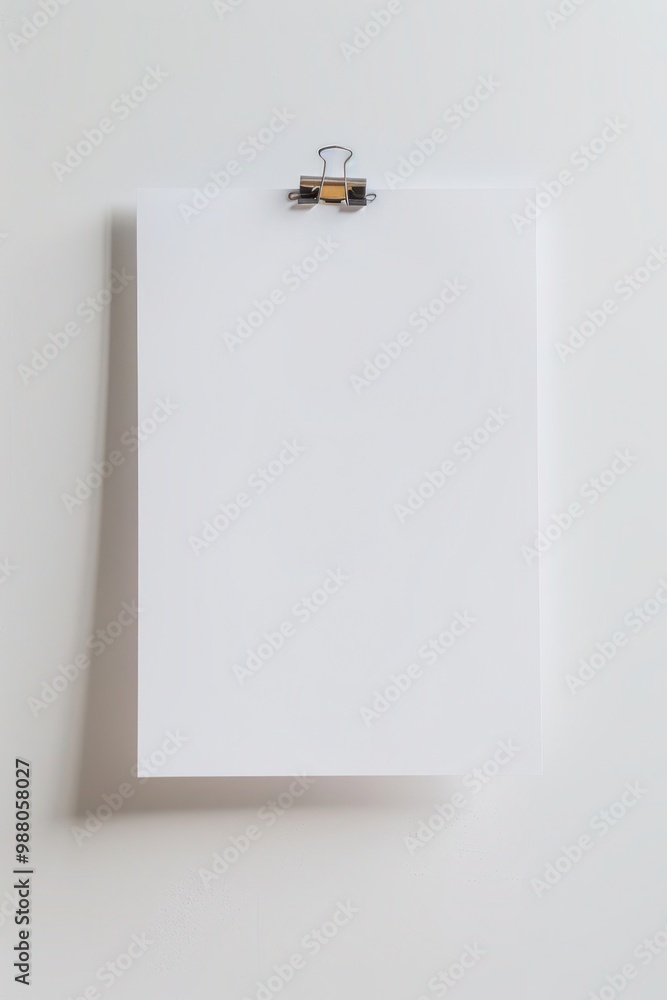 Poster Blank white paper sheet, silver bulldog clip, white wall background. Design mockup, moodboard composition. Minimal business brand template.