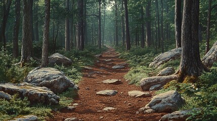 Fototapeta premium A winding path through a dense forest with dappled sunlight filtering through the canopy, highlighting the moss-covered rocks along the way