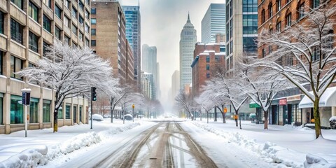 Snow-covered streets in Detroit during winter, Detroit, Michigan, USA, snowy, cold, urban, cityscape, skyline