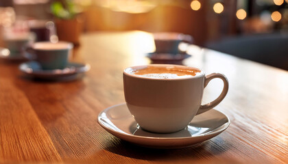 Close up of coffee cup on wooden table in cafe. Concept of tasty breakfast.