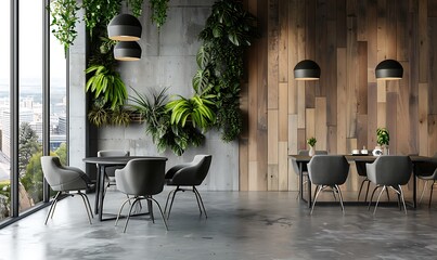 Interior of modern cafe with green plants.