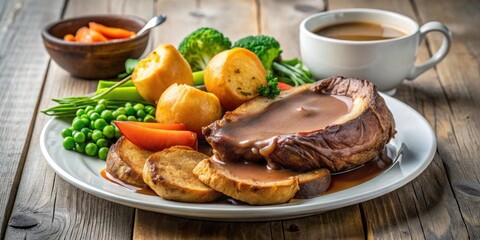 Plate of traditional roast beef and Yorkshire pudding, served with vegetables and gravy, Sunday dinner, England