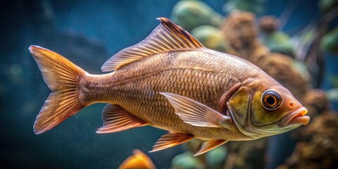 Naklejka premium Brown sick fish with bitten tail swims in aquarium, sick, fish, brown, tail, bitten, aquarium, water, disease, treatment