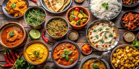 Fototapeta premium Traditional Indian cuisine with various colorful and flavorful dishes , Indian, food, spices, curry, naan, rice