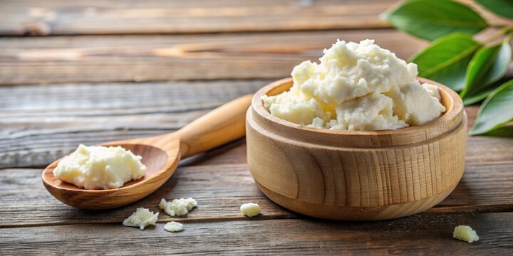 Close-up of karit? butter in a small container with a wooden scoop , skincare, organic, natural, moisturizer