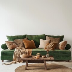 Stylish green sofa with pillows in a modern living room interior. Comfortable furniture, cozy home decor, and interior design.
