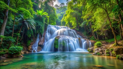 Fototapeta premium Majestic Sarika Big Waterfall surrounded by lush forest in Thailand , Sarika, waterfall, forest, Thailand, travel