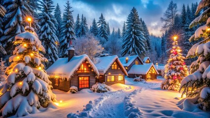 Winter wonderland scene of cozy cottages, snow-covered trees, and festive lights in a magical holiday setting , Christmas, snow