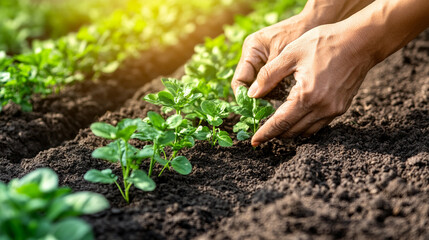 hands gently planting baby plants into rich, dark soil, symbolizing growth, nurturing, and the promise of new beginnings in a vibrant garden setting