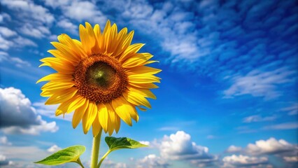 Obraz premium Vibrant sunflower reaching towards the blue sky, sunflower, sky, nature, yellow, bloom, flower, petals, summer, sunny, bright