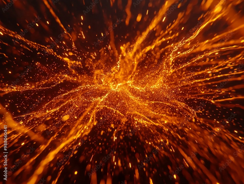 Poster immense explosion of glowing orange particles bursts forth from the center, scattering dynamically a