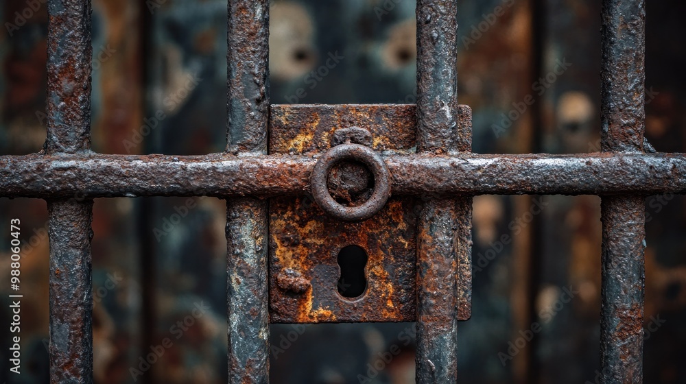 Poster a close-up of a rusty padlock on an old metal gate, symbolizing security and confinement.