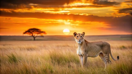 Lioness in the African savanna at sunset in Kenya , wildlife, safari, majestic, predator, beautiful, carnivore, African