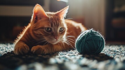 A playful orange cat curiously watches a ball of yarn in a sunlit room.