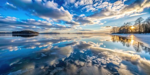 Obraz premium Reflective ice on a frozen lake with a dramatic sky and a shoreline , winter, frozen, cold, lake, ice, reflection, cloudy sky