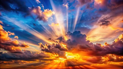 Fototapeta premium Immerse yourself in the beauty of the changing sky with dramatic clouds, sunrays, and vibrant hues, sky, clouds, sunrays