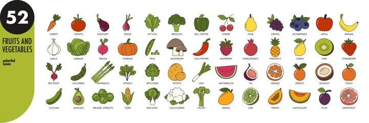 Colorful fruits and vegetables thin line icons set, vector illustration
