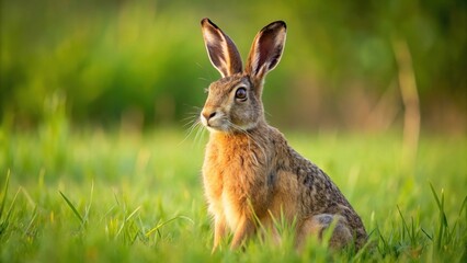 Fototapeta premium Wild brown hare sitting in a grass, wildlife, mammal, nature, animal, hare, brown, fluffy, sitting, outdoors, rural, grass, green