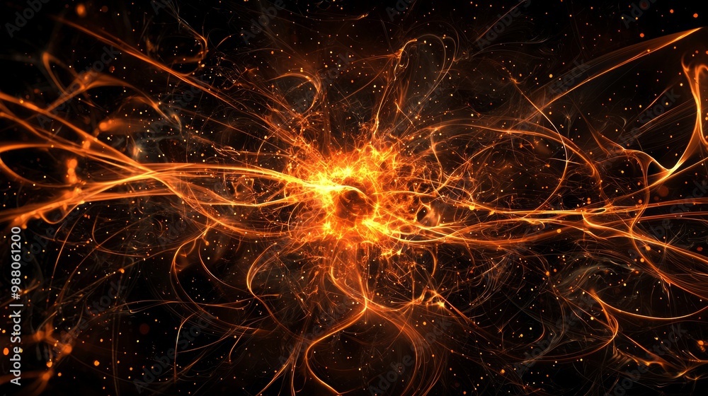 Poster captivating eruption of orange particles bursts forth from a central point, illuminating the dark ba