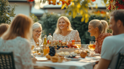 Food, friends and dinner party on backyard patio with happy people and conversation at labor day lunch. Holiday, reunion and meal outside of home with .