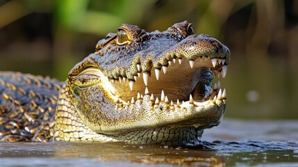 Obraz premium A close-up of a crocodile emerging from the water with its mouth open.