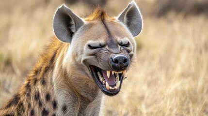 Obraz premium A close-up of a hyena showing its teeth in a natural setting.