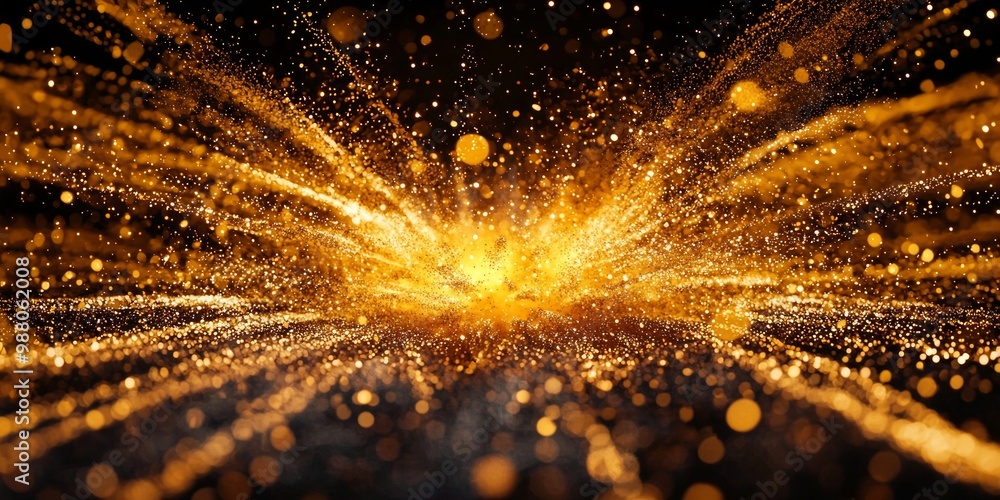 Poster explosive burst of orange particles erupts with a luminous core at its center, sending vibrant waves