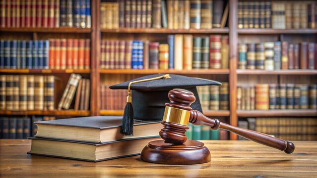 Educaci&oacute;n jur&iacute;dica, estudio legal y aprendizaje judicial con mazo de juez, libros de texto y birrete en una biblioteca.