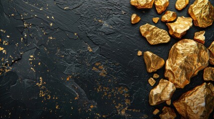 Shimmering gold nuggets on black background, symbolizing wealth and success. Copy space for business and treasure concepts.