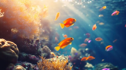 Obraz premium Vibrant underwater scene with colorful fish and coral, showcasing marine life.
