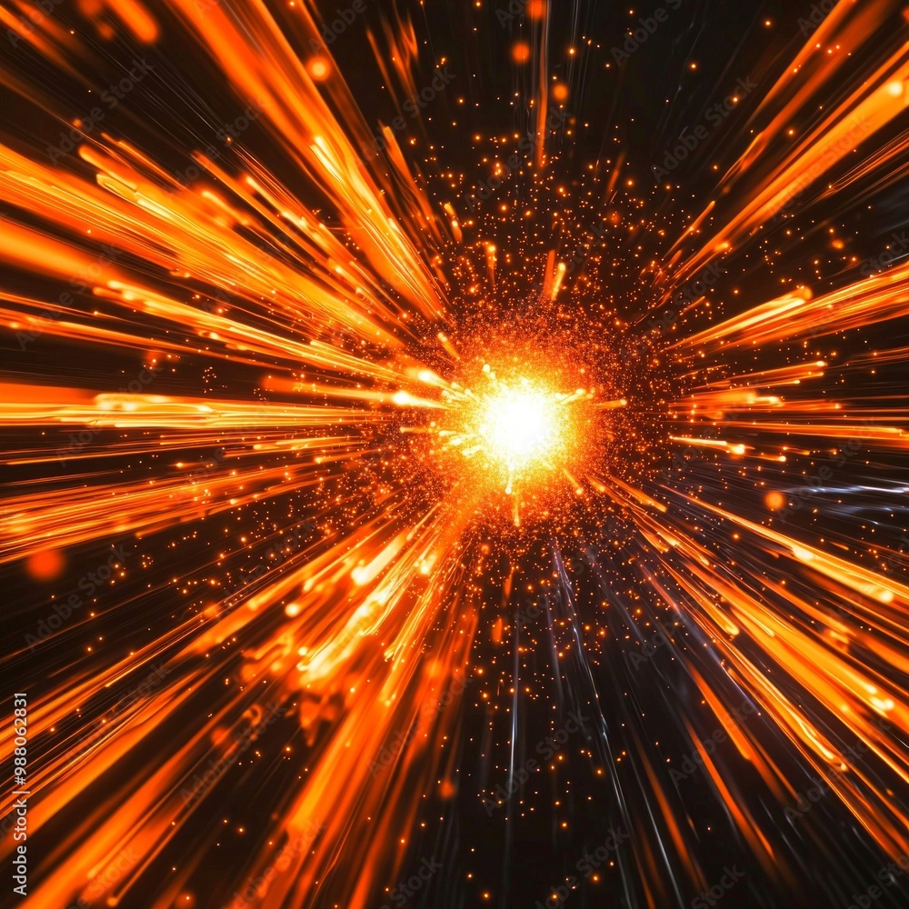 Poster powerful orange explosion radiates outward, with particles dispersing dynamically, creating a vibran