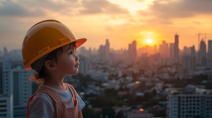 Child in Hard Hat Against City Sunset View
