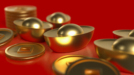 Chinese gold and coins on red Background 3d rendering.