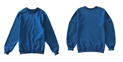 blue sweatshirt front and back mockup template, isolated on a white background, in a flat lay view