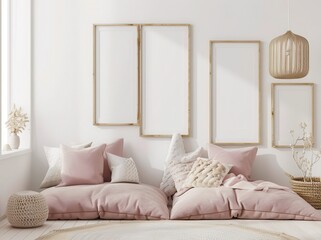 Cozy and modern bedroom interior design with empty frames mockup on the wall. Pink floor bed with pillows, blankets, and stylish decorations.